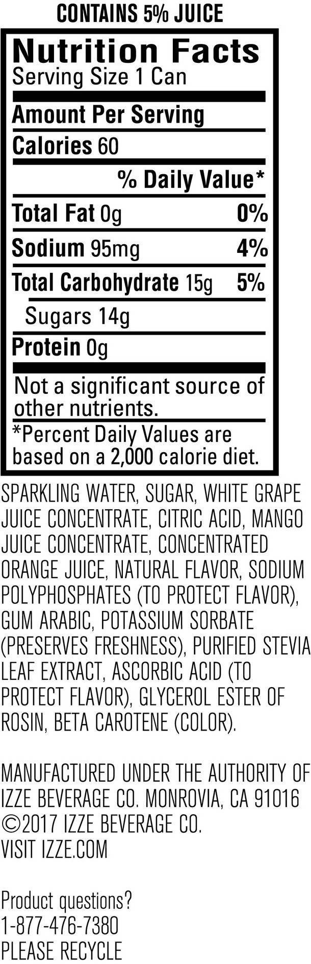 Image describing nutrition information for product IZZE Fusions Orange Mango