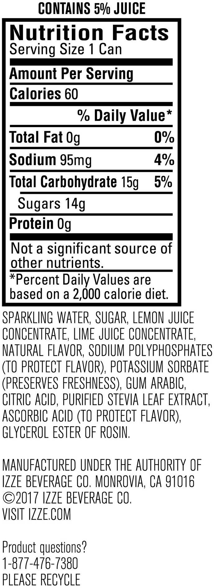 Image describing nutrition information for product IZZE Fusions Lemon Lime