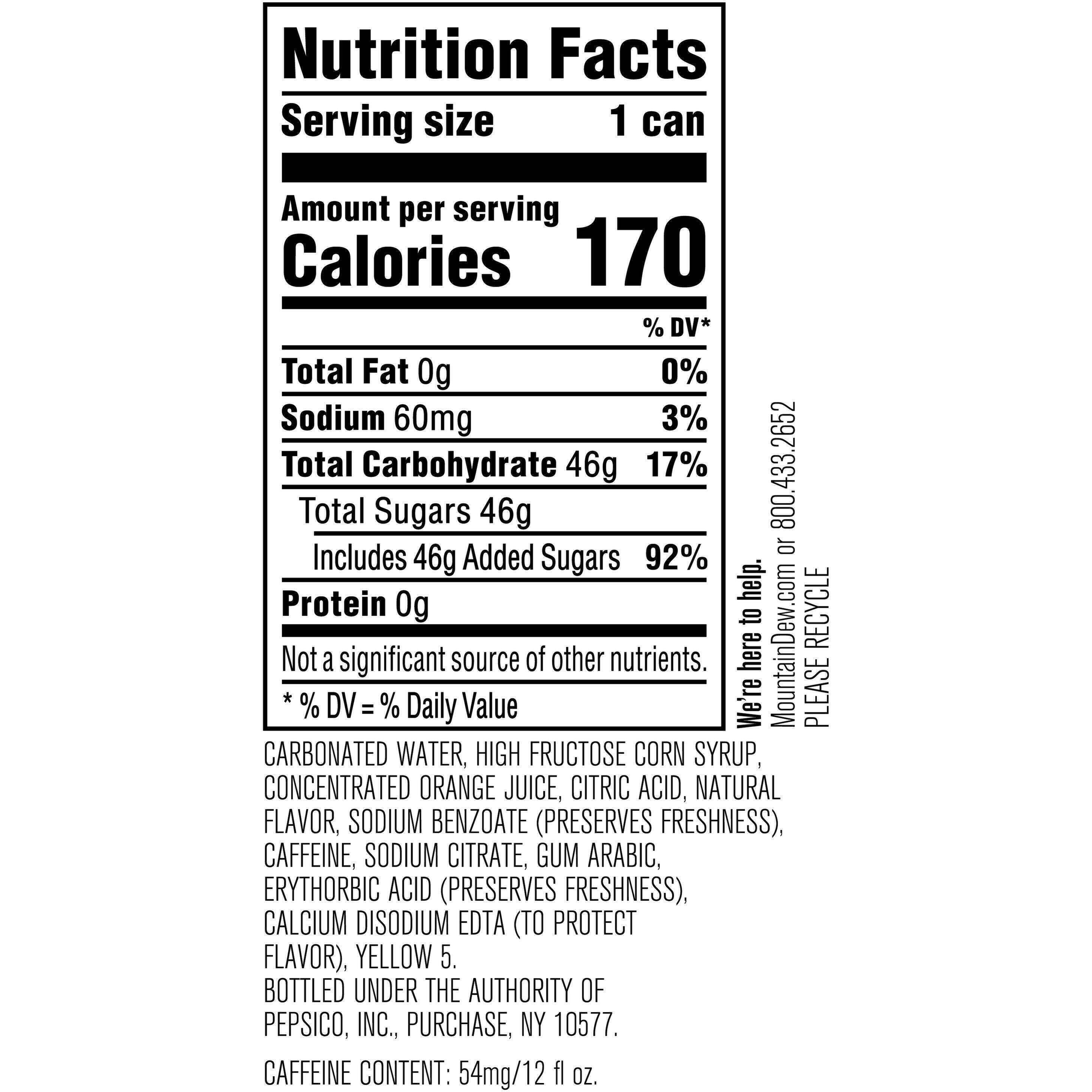 Image describing nutrition information for product Mtn Dew (Sleek Can)