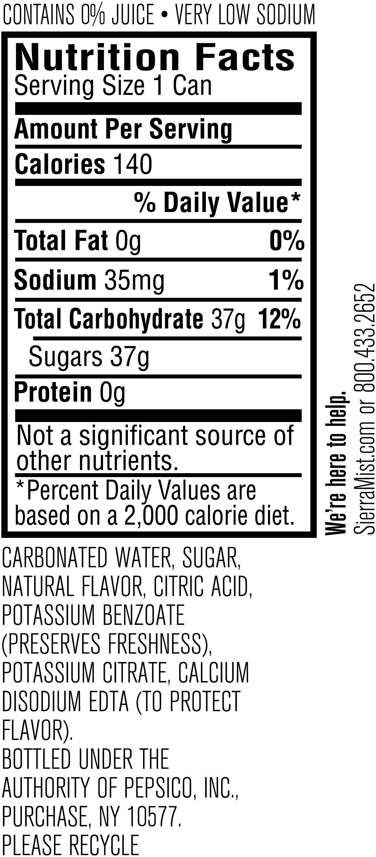 Image describing nutrition information for product Sierra Mist (3/8 Packs)