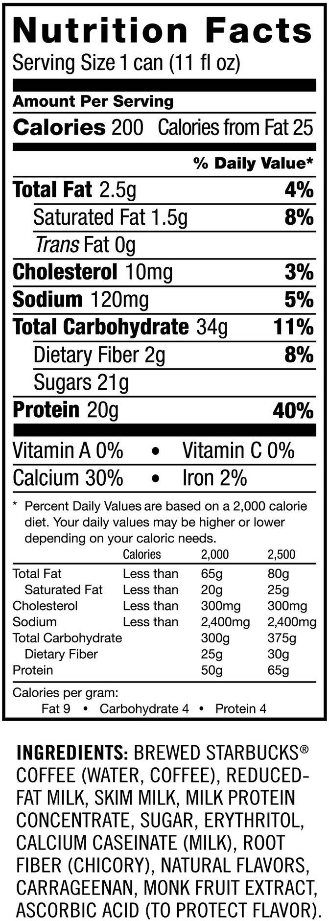 Image describing nutrition information for product Starbucks Doubleshot Protein Vrt Dkch/van/crml
