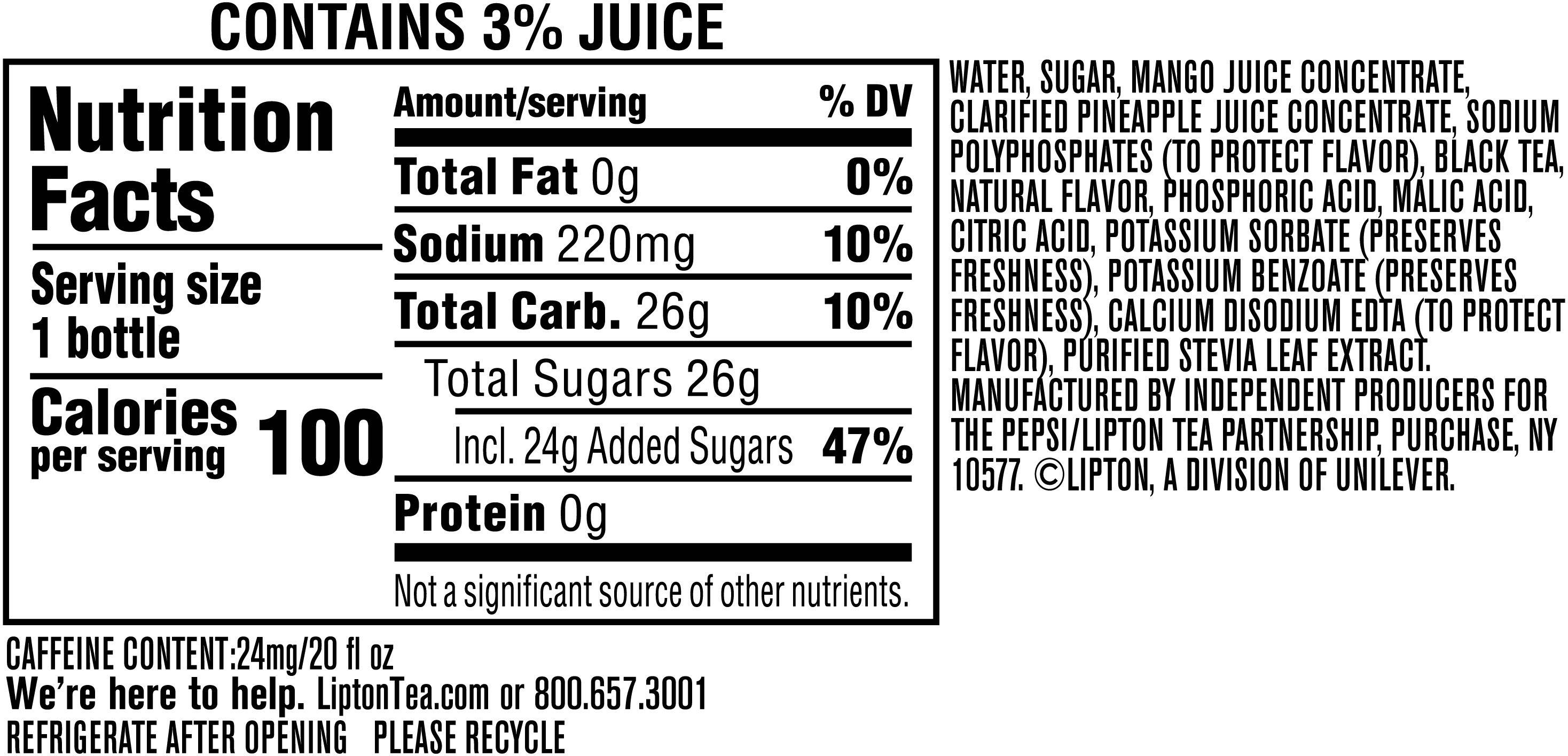 Image describing nutrition information for product Lipton Iced Tea with a Splash of Juice Tropical