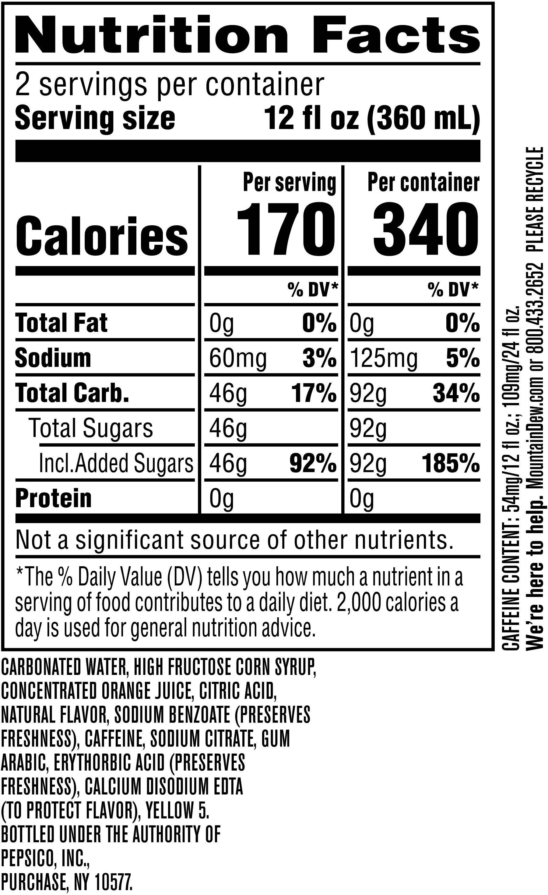 Image describing nutrition information for product Mtn Dew