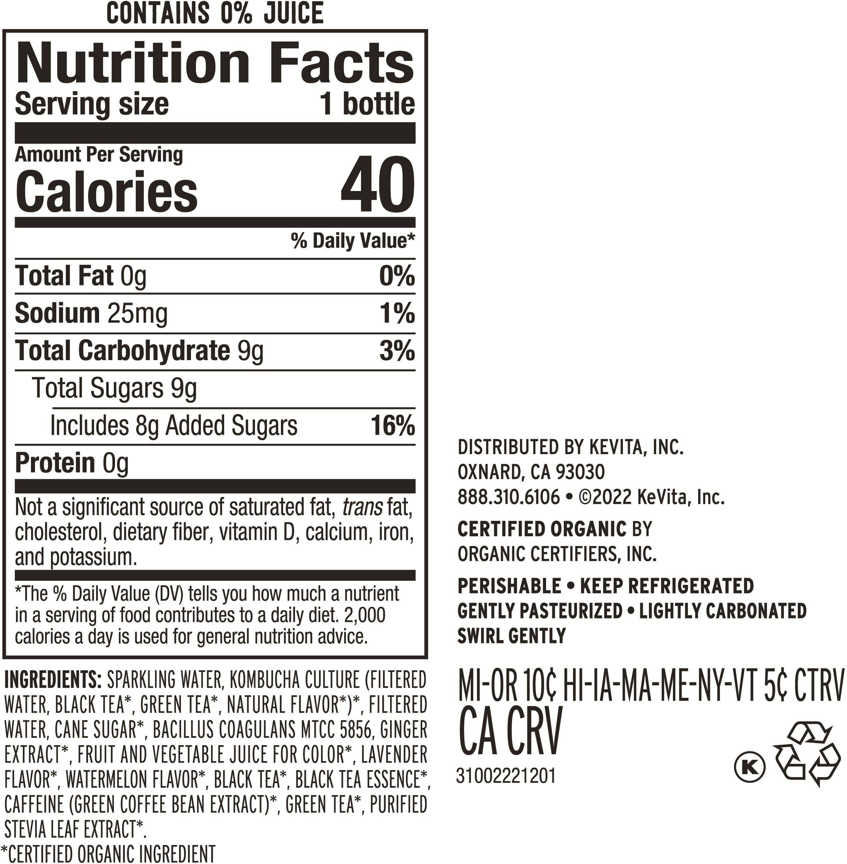 Image describing nutrition information for product KeVita Master Brew Kombucha Lavender Melon