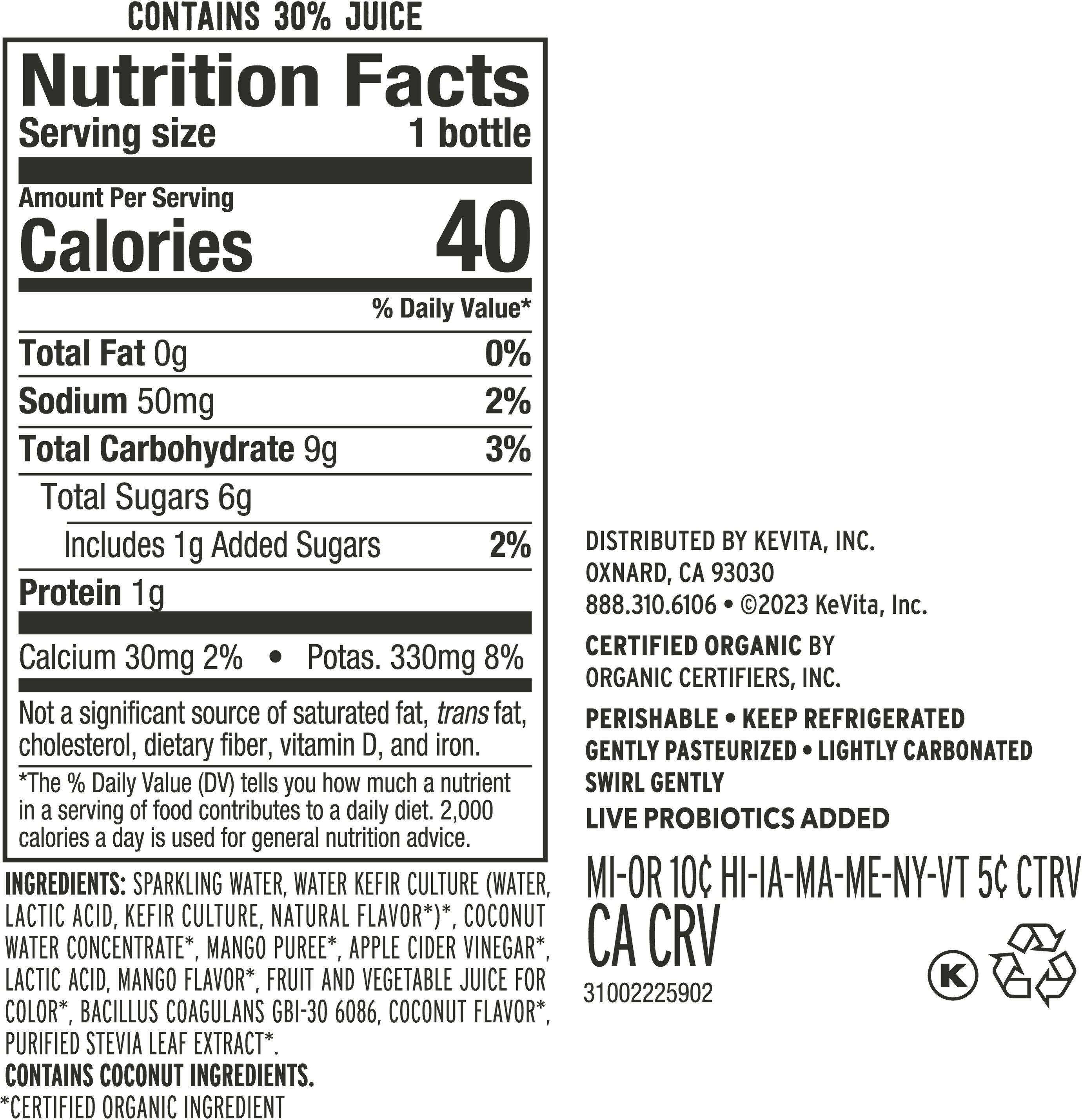 Image describing nutrition information for product KeVita Sparkling Probiotic Mango Coconut