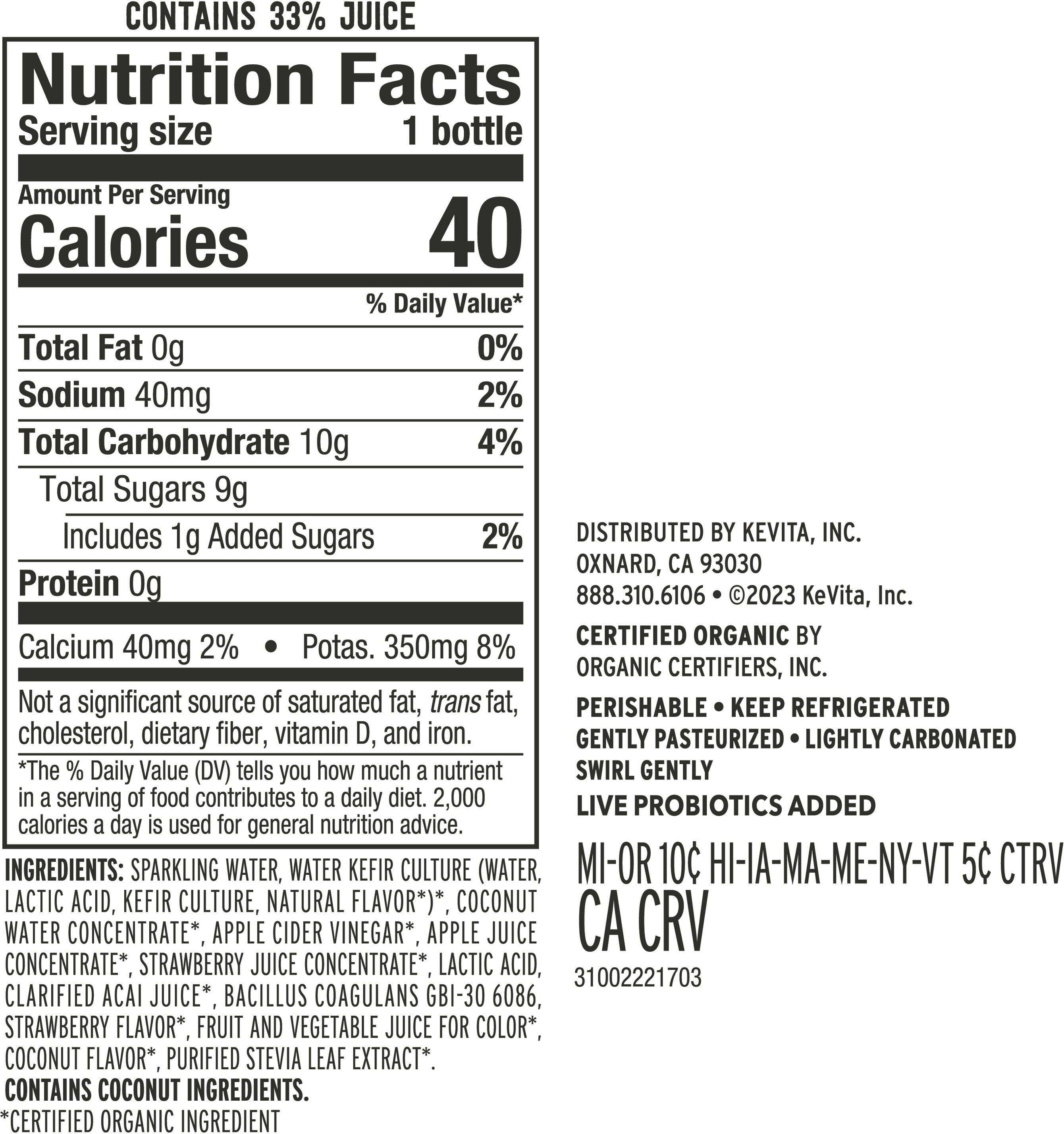 Image describing nutrition information for product KeVita Sparkling Probiotic Strawberry Acai Coconut