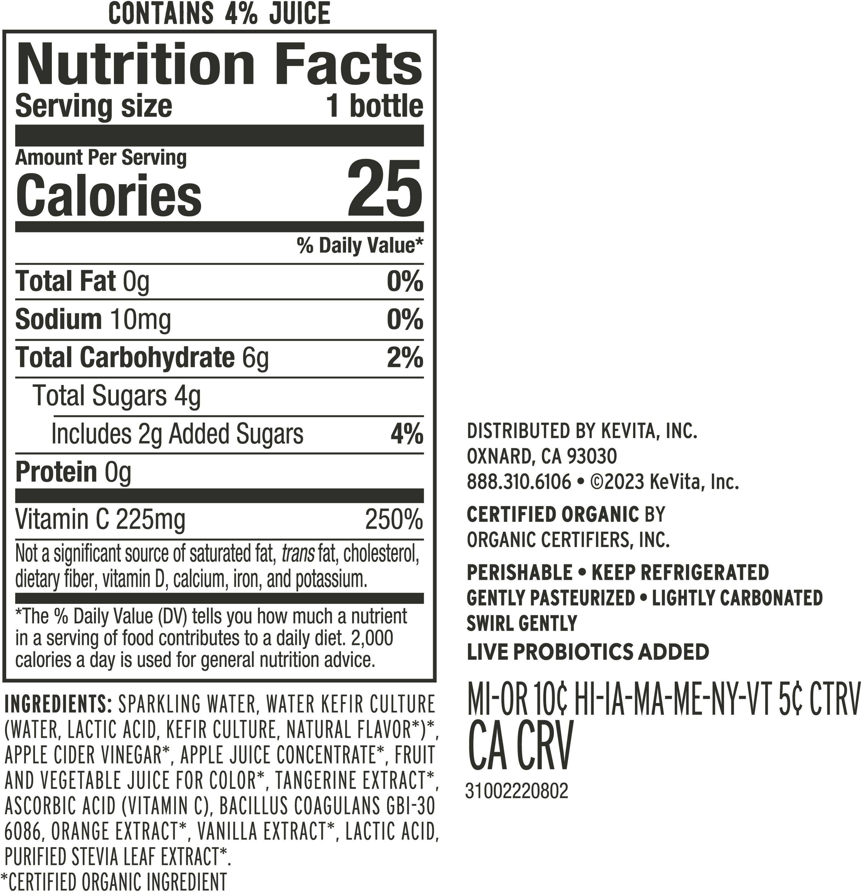 Image describing nutrition information for product KeVita Sparkling Probiotic Tangerine