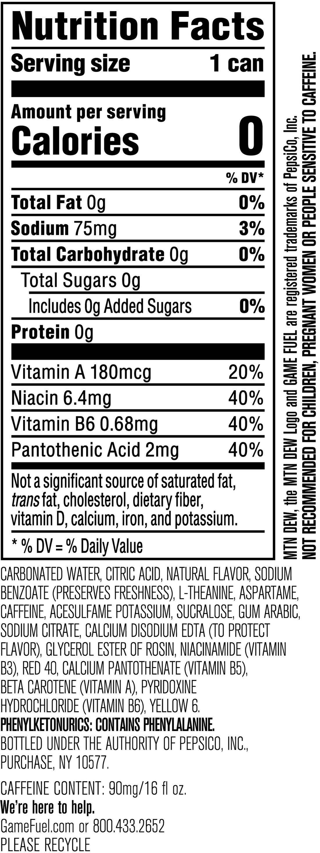 Image describing nutrition information for product Mtn Dew Game Fuel Zero Watermelon Shock
