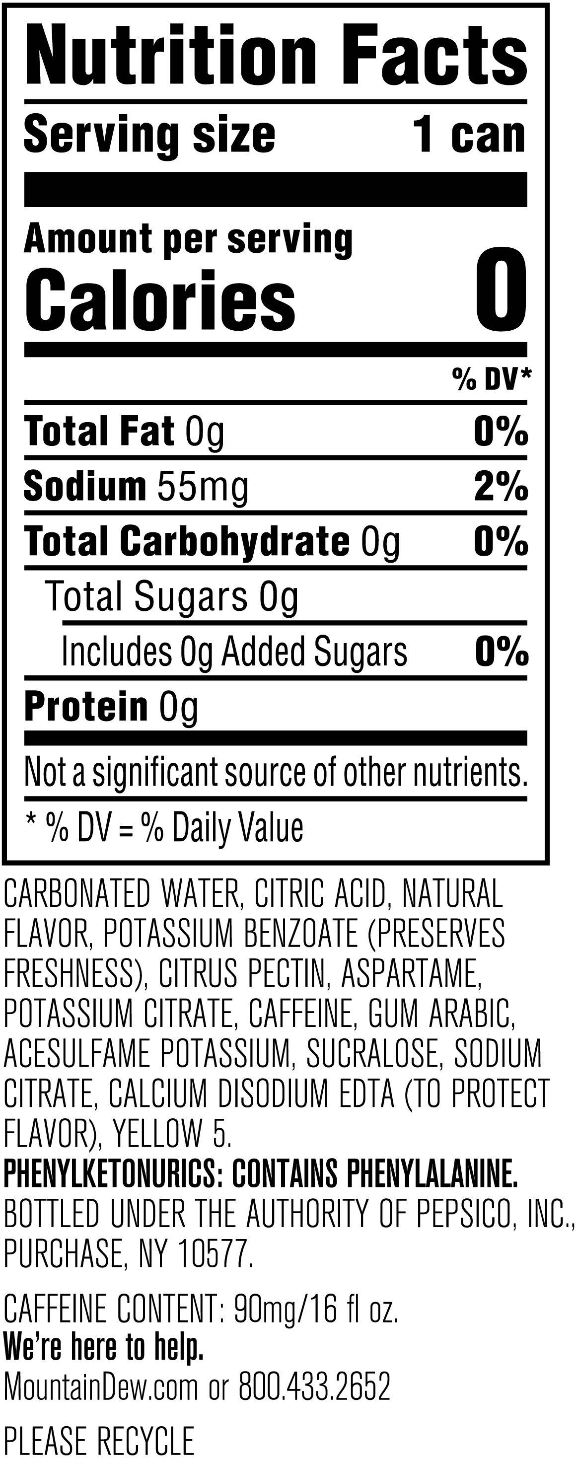 Image describing nutrition information for product Mtn Dew Zero Sugar