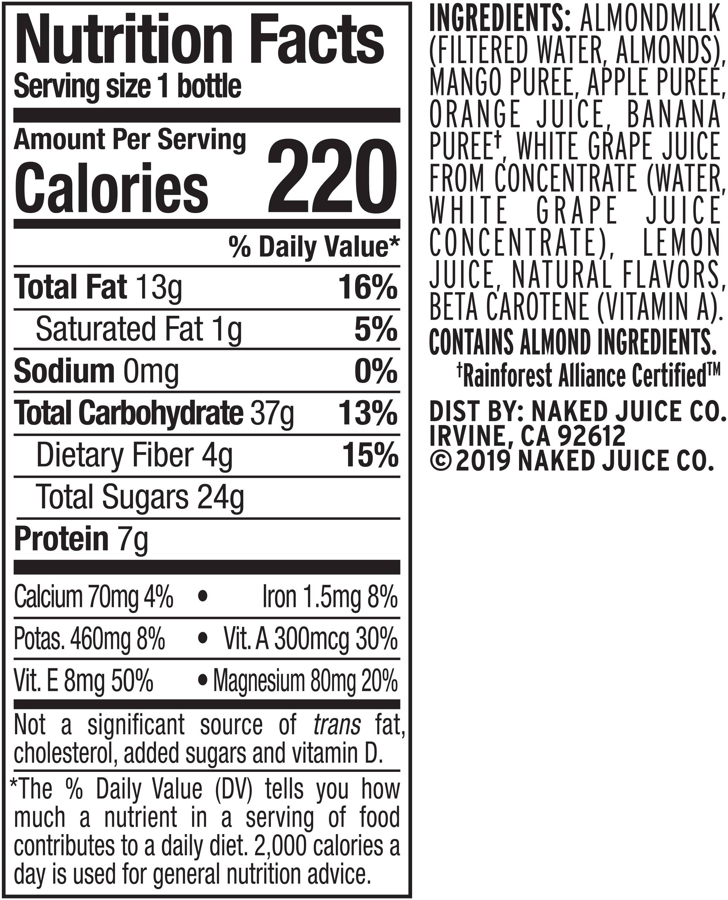 Image describing nutrition information for product Naked Juice Half Naked Mango Almond