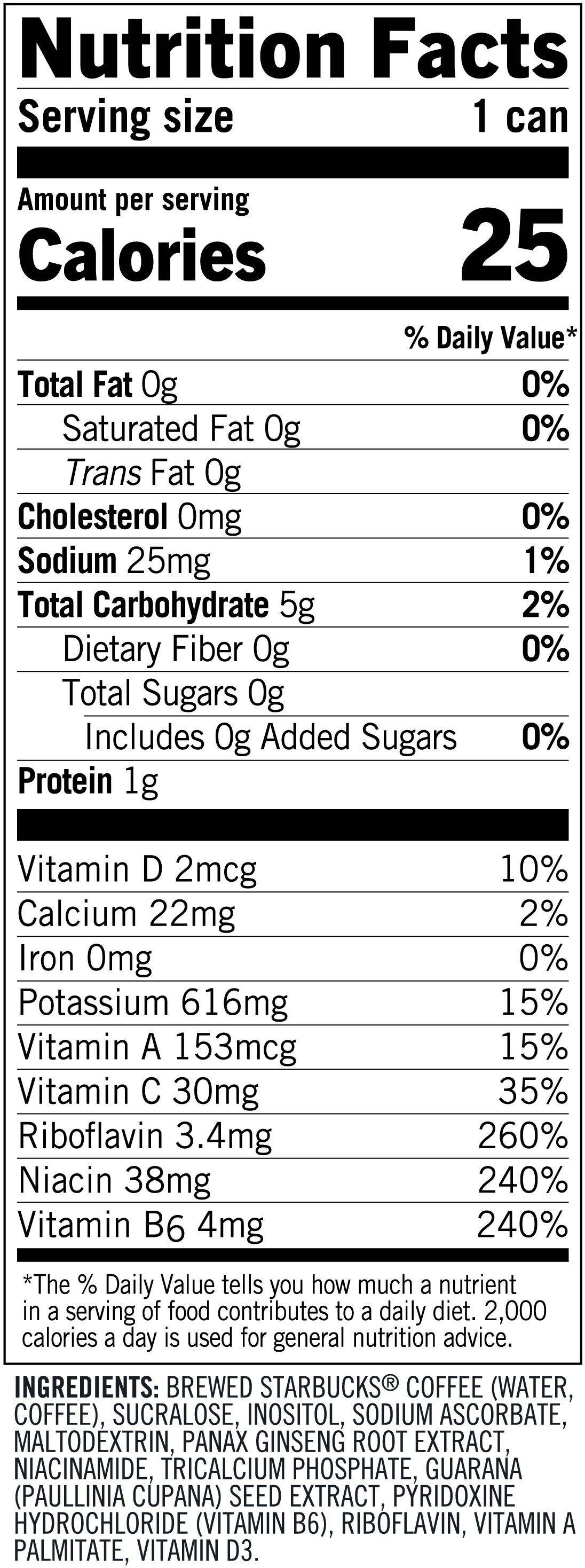 Image describing nutrition information for product Starbucks Tripleshot Energy Black Zero Sugar