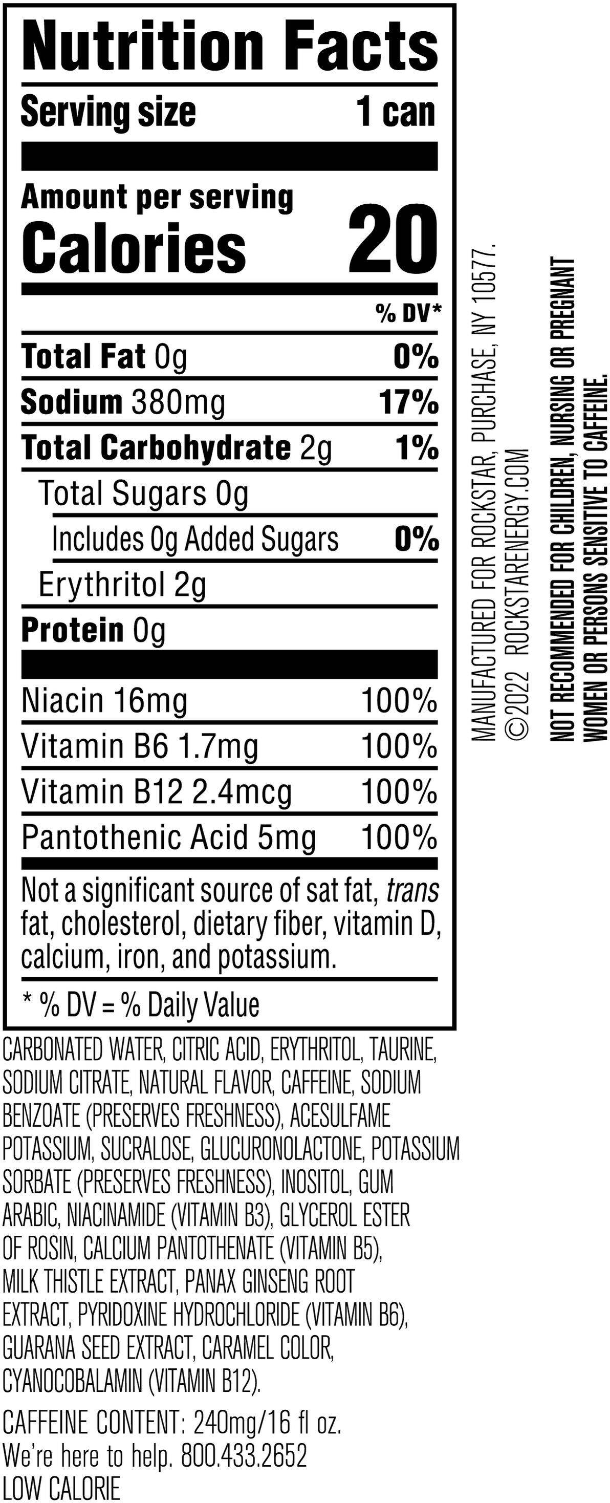 Image describing nutrition information for product Rockstar Pure Zero Silver Ice