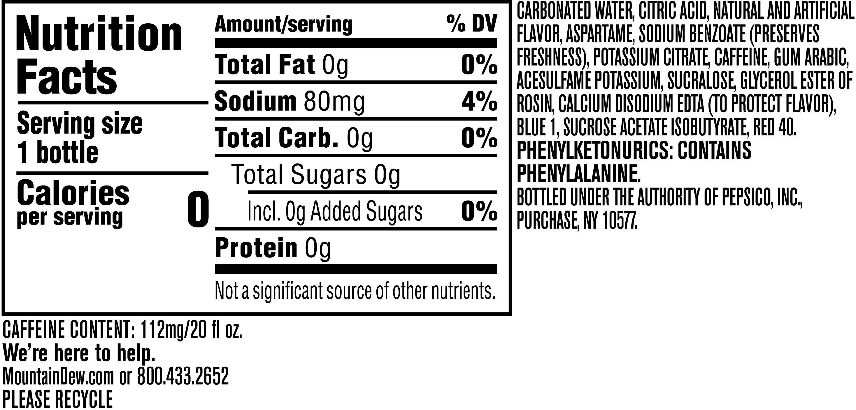 Image describing nutrition information for product Mtn Dew Frost Bite Zero Sugar