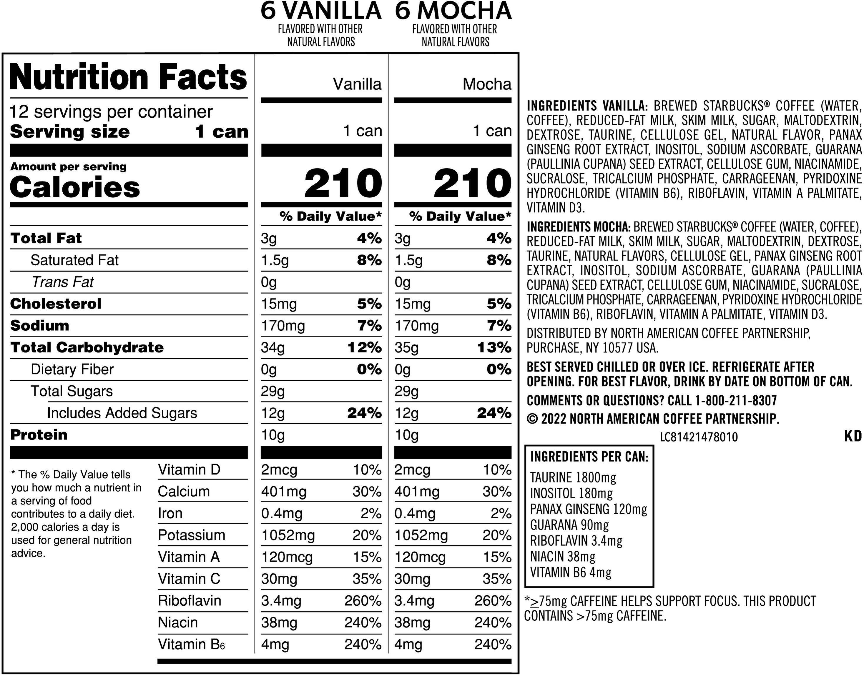 Image describing nutrition information for product Starbucks Ds E Mcha/van