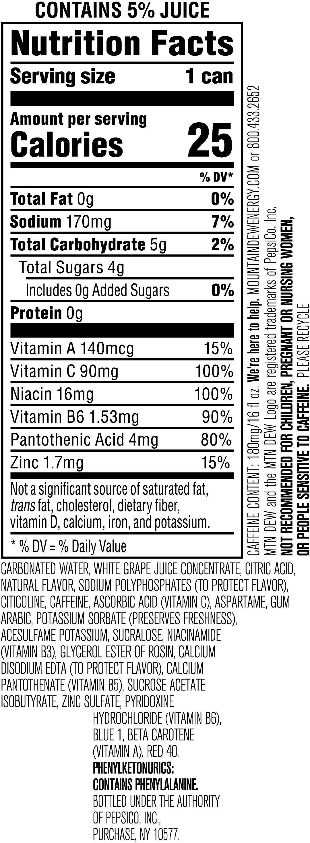 Image describing nutrition information for product Mtn Dew Energy Variety Pack